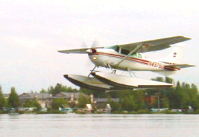 Pontoon plane on watery runway in the largest seaplane airport in the world